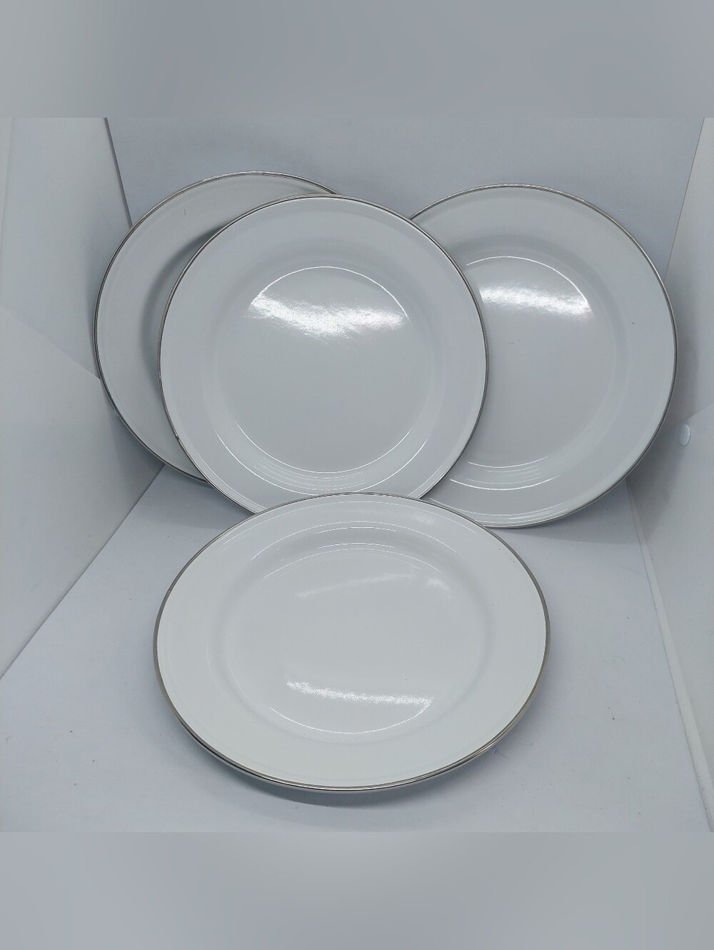 Enamel Dinner Plate 9.75" Enamelware White With Silver Rim Edge Set Of 4 Camping